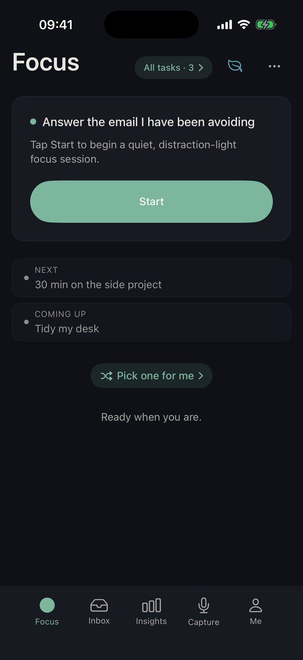 The Focus home screen: a single task with a Start button, a short queue of upcoming tasks, and a Pick one for me button.